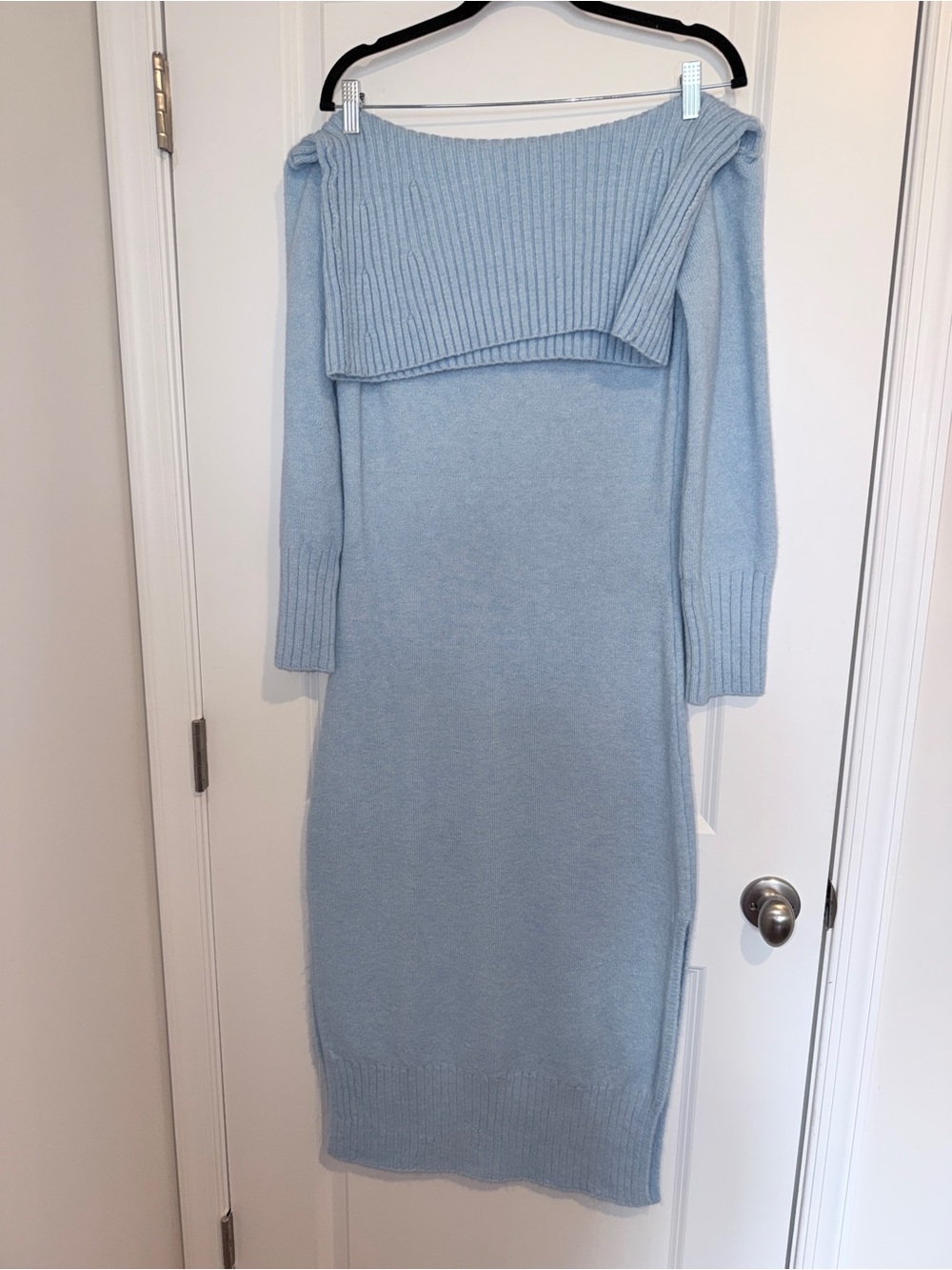 Daily Practice Off-Shoulder Light Blue Ribbed Knit Sweater Dress - Picture 4 of 7